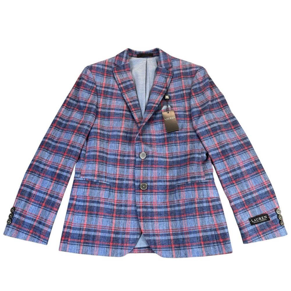 LAUREN RALPH LAUREN Boy 14R Bloxbury Blue Red Plaid Sport Coat Blazer Linen Blen